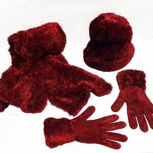 Soft hat, gloves and 5' scarf Winter Ensemble fluffy Red, Elsbeth